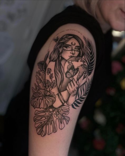 Albo Monstera Tattoo Gaia Mother Earth Earth Goddess Mother Gia Tattoos, Mother Earth Goddess Tattoo, Mother Earth Tattoos For Women, Black Mother Earth Tattoo, One With Nature Tattoo, Mother Earth Sleeve Tattoo, Mother Earth Tattoo Nature, Gaia Tattoo Mother Earth, Gaia Goddess Tattoo