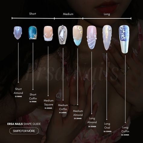 Which shape girlie are you? 👀💕 Still struggling to find your shape? We got you!!!🌸🥺Check out Ersa Nails shape guide to find your perfect shape 🥰 Psst, if you like a certain design but would like to change the nail shape or length💕? We can do that with our customization request! 🥰Just DM or email us to make it happen🤩 Shop now on ersanails.com #pressonnails #pressons #nailshapes #nailsshape Nail Sizing Guide, Nails Shape Chart, Nail Shape Guide, Nail Size Chart, Nail Shape Chart, Types Of Nails Shapes, Fur Nails, Nail Shaping, Nail Template