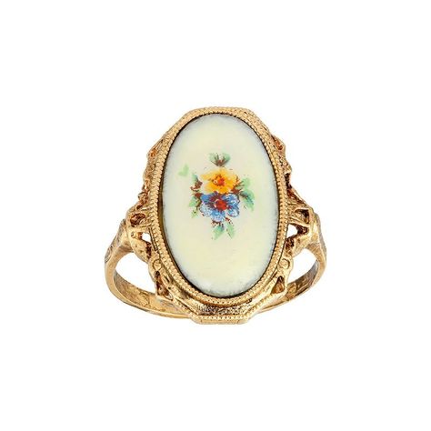 Featuring an enamel center stone with a floral decal, this gold tone ring from 1928 is the perfect way to add a touch of vintage sweetness to any ensemble. Featuring an enamel center stone with a floral decal, this gold tone ring from 1928 is the perfect way to add a touch of vintage sweetness to any ensemble. Size 8 Width: 0.8 Inches Metal: alloy Plating: gold tone Finish: polished Not appropriate for children 14 years old and younger. Color: Multi. Gender: female. Age Group: adult. Funky Rings, 1928 Jewelry, Floral Decal, Enamel Ring, Wedding Watch, Flower Ring, Perfect Ring, Cute Jewelry, Vintage Rings