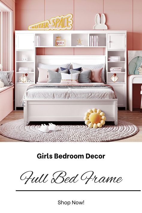 This beautiful all-in-one bedframe with storage drawers and shelves is perfect for any kid's or teen's room! Plenty of storage space. Comes in several sizes and colors to choose from. Click link to shop! #bedroom #furniture #home #homedecor #bedframe #storage #amazon #affiliate Wood Bed Frame With Storage, Full Storage Bed, Full Bed With Storage, Cabinets And Shelves, Platform Bed With Drawers, Bed For Kids, Solid Wood Bed Frame, Drawers And Shelves, Bed Stand