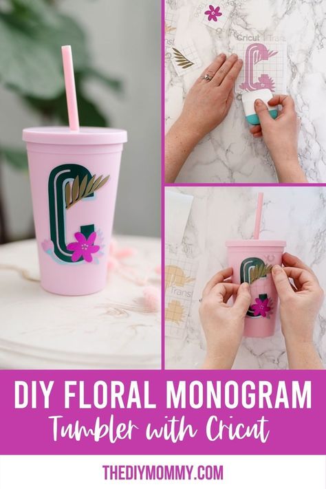 It's almost iced coffee season! Let's make a pretty DIY floral monogram tumbler with Cricut that's perfect for your Spring and Summer drinks. This tropical themed tumbler features a layered vinyl design, and you can customize the colours to suit your style. Step by step tutorial with photos Flower Tumbler Ideas Vinyl, Flower Epoxy Tumbler, Mother's Day Tumbler Ideas, Floral Water Bottle Cricut, Custom Initial Tumblers For Mom, Diy Floral Monogram, Fe Gifts, Dyi Gifts, Mothers Day Decor