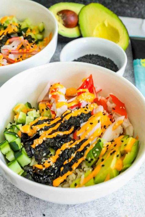 California Roll Bowls - Sweet CS Designs. California Roll Bowl, California Roll Sushi, California Rolls, Sushi Bowl, California Roll, Miso Dressing, Spicy Mayo, English Cucumber, Miso Soup