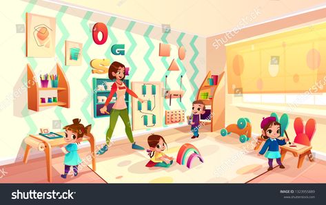 Daycare Illustration, Characters Kindergarten, Nursery Nurse, Child Nursing, Activity Preschool, School Background, Nursery Illustration, Montessori Room, Montessori Preschool