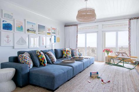 Luminous coastal-chic home offers a relaxed vibe in Beach Haven Hangout Room, Coastal Living Rooms, Bonus Rooms, Coastal Chic, Suspension Light, Family Room Design, Modular Sectional, Suspension Lamp, The Design Files