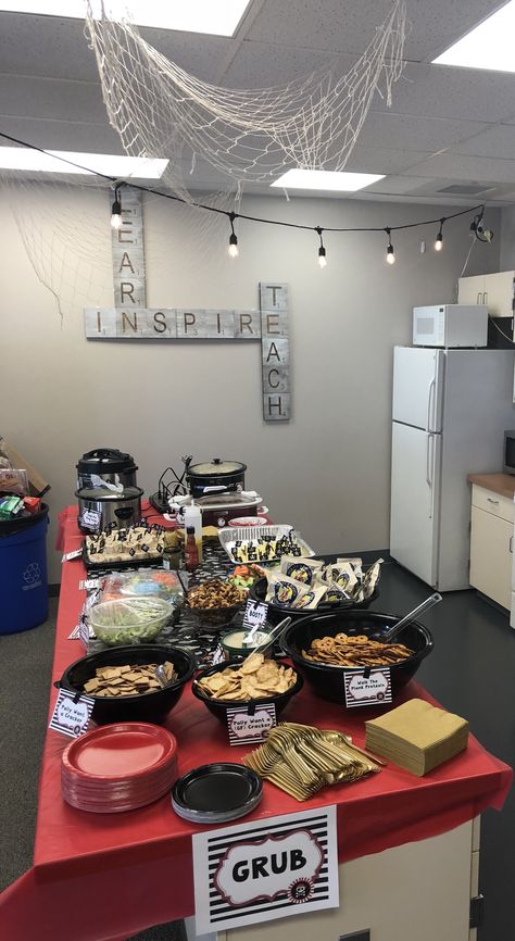 Pirate food, pirate spread, pta, PTSA, teachers lounge lunch, pirate theme food, teacher appreciation Food For Teacher Appreciation Week, Teacher Appreciation Decorations, Childcare Facility, Admin Professionals Day, Pirate Food, Staff Appreciation Week, Team Ideas, Teachers Lounge, Appreciation Ideas