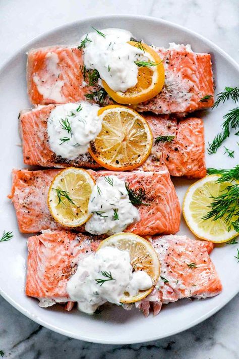 Baked Salmon with Creme Fraiche | foodiecrush .com Orange Salmon Recipes, Salt Baked Fish, Creme Fraiche Sauce, Creme Fraiche Recipes, Best Salmon Recipe, Salmon Recipes Baked Healthy, Fish Recipes Baked, Oven Baked Salmon, Lemon Dill