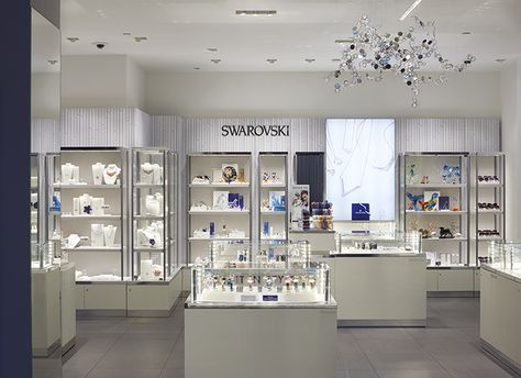 Swarovski Mall of Columbia LEED Platinum Store - designed by Oculus Inc. www.oculusinc.com/retail Swarovski Store, Shop In Shop, Cabinet Shelves, Crystal Wedding Dress, Jewelry Store Design, Store Interiors, Interior Display, Display Furniture, Glass Studio