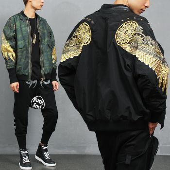 Loose Fit Gold Wing Stitch Studded Sukajan Jacket Fitted Spiked Outerwear For Streetwear, Jacket Design Ideas, Spiked Winter Streetwear Outerwear, Sukajan Outfit Men, Luxury Embroidered Outerwear For Streetwear, Dragon Jacket, Sukajan Jacket, African Wear Styles For Men, Mens Trendy Outfits