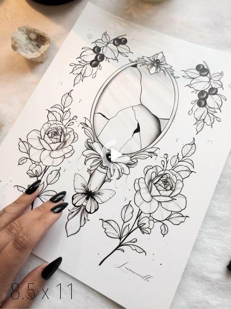 Drawing On Mirror Ideas, Mirror Tattoo, Mirror Tattoos, Printable Tattoos, Mirror Drawings, Tattoo Zeichnungen, Broken Mirror, Mirror Ideas, Floral Tattoo Design