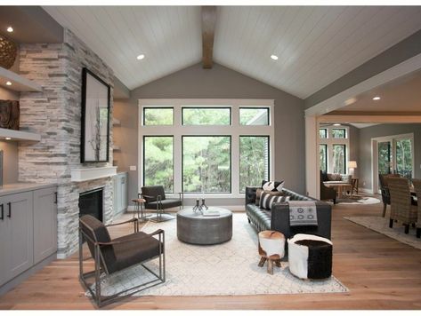 Vaulted ceiling with beam Vaulted Ceiling Transition To Flat, Ceiling Transition, Vaulted Ceiling Beams, Ridge Beam, Vaulted Living Room, Flat Ceiling, Austin House, Farmhouse Style Living Room, Austin Homes