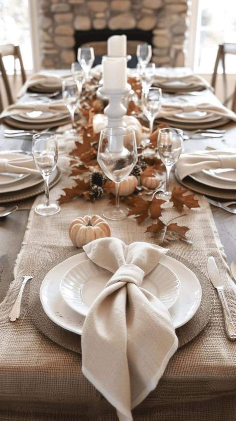 Neutral Fall Decor Kitchen Table, Thanksgiving Table Settings Eucalyptus, Neutral Fall Dining Room Decor, Mcgee And Co Fall Decor, Thanksgiving Neutral Tablescape, Cozy Neutral Dining Room, Thanksgiving Inspo Decor, October Table Decor, White Pumpkin Tablescape