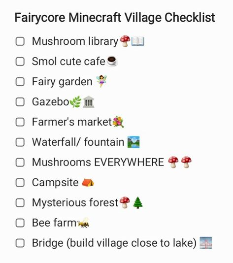 Minecraft Cottage Core Town Ideas, Things To Have In Your Minecraft World, Minecraft World List, Minecraft Villager Jobs List, Minecraft Building Prompts, Minecraft Village List, Aesthetic Minecraft World Names, Minecraft Name Tag Tricks, Cute Minecraft World Names