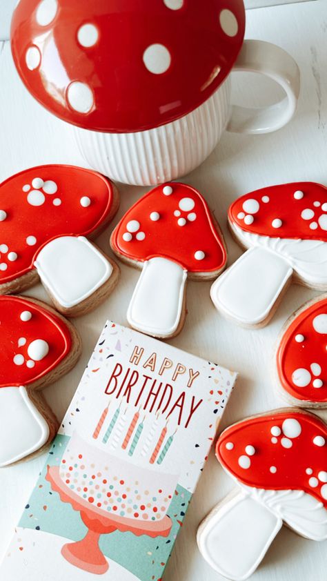 #birthday #mushrooms #fairy #baker Mushroom Birthday Party, Birthday Mushroom, Happy Birthday Cookies, Mushroom Stuff, Mushrooms Fairy, Happy Birthday Cookie, Birthday Cookies, 18th Birthday, Toad