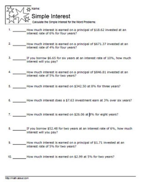 Practice Calculating Simple Interest With Free Worksheets: Simple Interest Worksheet 2 Simple Interest Worksheet, Compound Interest Math, Simple Interest Math, Simple Word Problems, Reading Practice Worksheets, Money Word Problems, Probability Worksheets, Fun Math Worksheets, Consumer Math