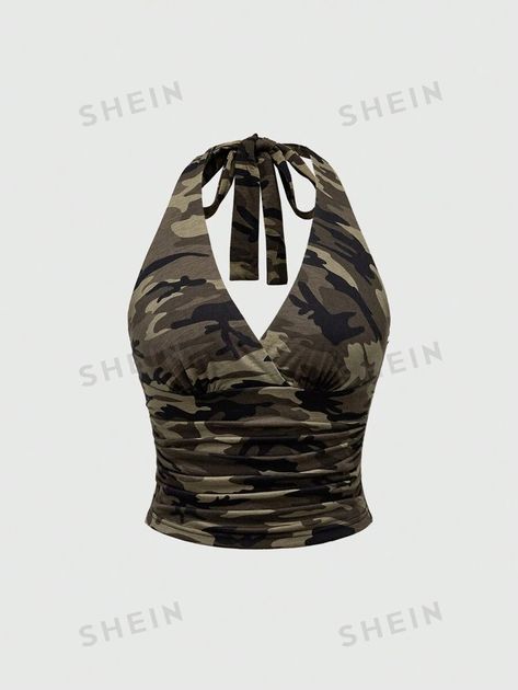 ROMWE Grunge Punk Y2K Camouflage Print Halter Neck Top For Women, School | SHEIN USA Letter Pattern Design, Top Street Style, Boho Fashion Summer, Mens Travel Bag, Street Style Summer, Camouflage Print, Halter Tops, Grunge Punk, Plus Size Tank Tops