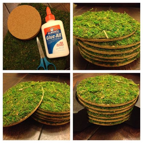 DIY Moss Coasters Fake Moss Crafts, Moss Coasters, Moss Mat, Fake Moss, Diy Moss, Mindful Art, Moss Decor, Upcycle Decor, Jungle Baby