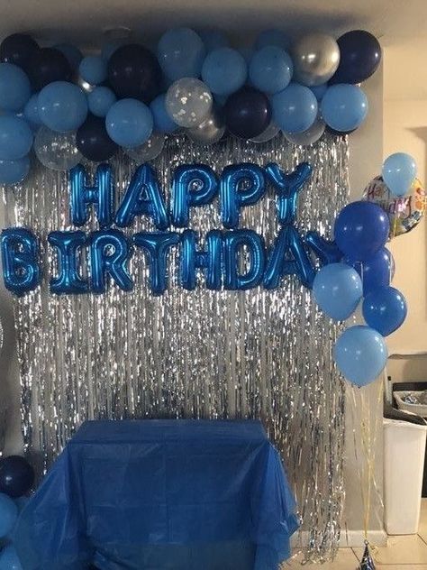 Light Blue Birthday Party Ideas, Simple Blue Birthday Decorations, Simple Boy Birthday Decorations, Blue Party Ideas Decoration, Birthday Decoration Ideas Blue, Quick Birthday Decorations, Blue Decorations Party Birthday Ideas, Blue And Silver Party Decorations, 18th Birthday Decorations For Boys