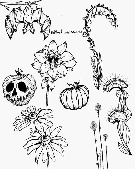 Some spooky flora for the fast approaching fall! 🍁 • • • https://www.bloodandsteeltat.com • All flash art posted is available! • #tattooing #tattoo #tattooartist #flash #flashdesign #piercing #piercingstudio #tattoostudio #mobile #mobilebusiness #lancaster #smallbusiness #smallbusinesses #lancastersmallbusiness #fineline #finelinetattoos #blackink #smallbusinessowner #tattoostencil #linework #bloodandsteel #bloodandsteelllc #bloodandsteeltat Spooky Floral Tattoo, Mushroom Tattoos, Flash Design, Mobile Business, Piercing Studio, Halloween Tattoos, Flash Art, Fine Line Tattoos, Tattoo Stencils