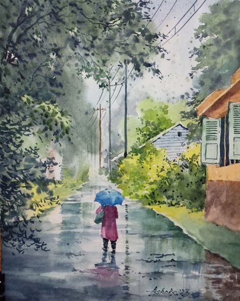 Water Colour Painting Rainy Season Watercolor Painting, Water Colour Rainy Season Painting, Rainy Season Painting Ideas, Rainy Season Painting, Watercolour Composition, Rainy Season Drawing, Nature Painting Ideas, Memory Drawing, Loose Watercolor Paintings