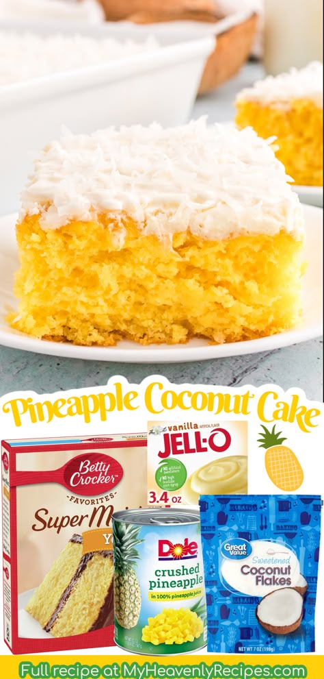 Pineapple Coconut Cake Recipe, Moist Pineapple Cake, Pineapple Coconut Cake, Coconut Pineapple Cake, Coconut Cream Frosting, Pineapple Cake Recipe, Boxed Cake Mixes Recipes, Pineapple Dessert Recipes, Cake Mix Desserts