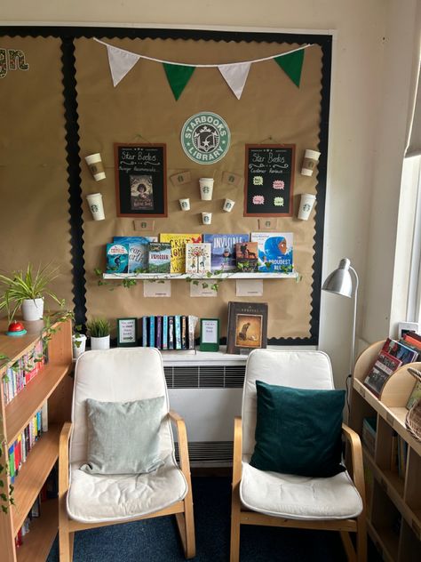 Key stage 2 primary reading display Key Stage 2 Classroom, Primary School Reading Corner, Book Corner Ideas Classroom Ks2, Ks2 Reading Corner, Starbooks Reading Area, Reading Display Ks2, Reading Corner Classroom, Reading Areas, Reading Display