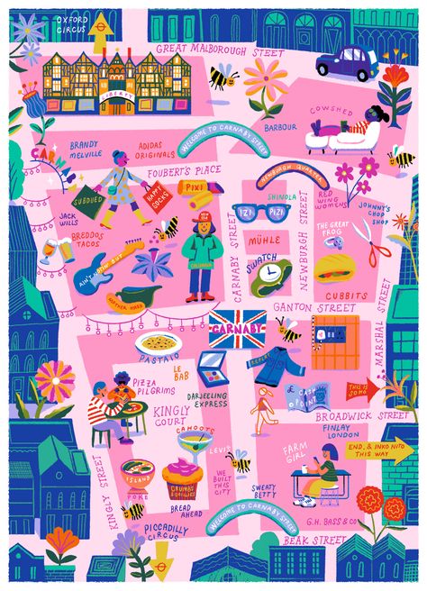 Carnaby map on Behance Creative Map Design Illustration, Maps Illustration Design, Festival Map, City Maps Illustration, Map Projects, Map Illustration, Art Carte, Illustration Agency, City Illustration