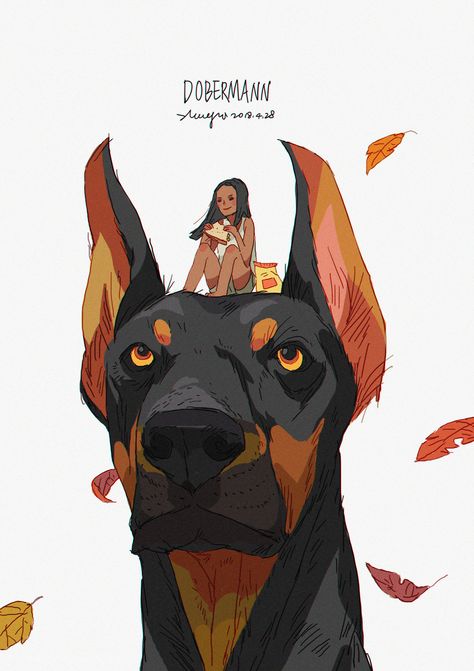 ArtStation - DOBERMANN, Xi Zhang Woman With Dog Illustration, Xi Zhang, 동화 삽화, Arte Indie, Art Mignon, Arte Sketchbook, Art Et Illustration, Art And Illustration, 영감을 주는 캐릭터