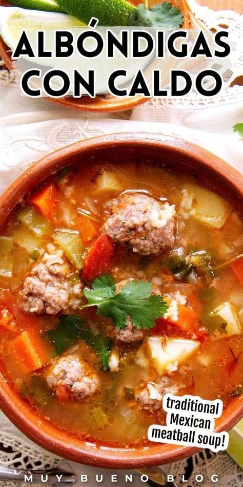 This authentic Albóndigas con caldo recipe, also known as albondigas soup, is packed with beef, veggies, seasonings, and more. This easy Mexican soup is great for a quick lunch or dinner that's so delicious. This simple savory soup is wonderful to warm you up during the colder months. Try this Mexican soup today! Easy Mexican Soup, Albondigas Soup Recipe Mexican, Bueno Recipes, Albondigas Soup Recipe, Mexican Meatball Soup, Mexican Meatballs, Albondigas Soup, Meatball Soup Recipes, Simple Soup