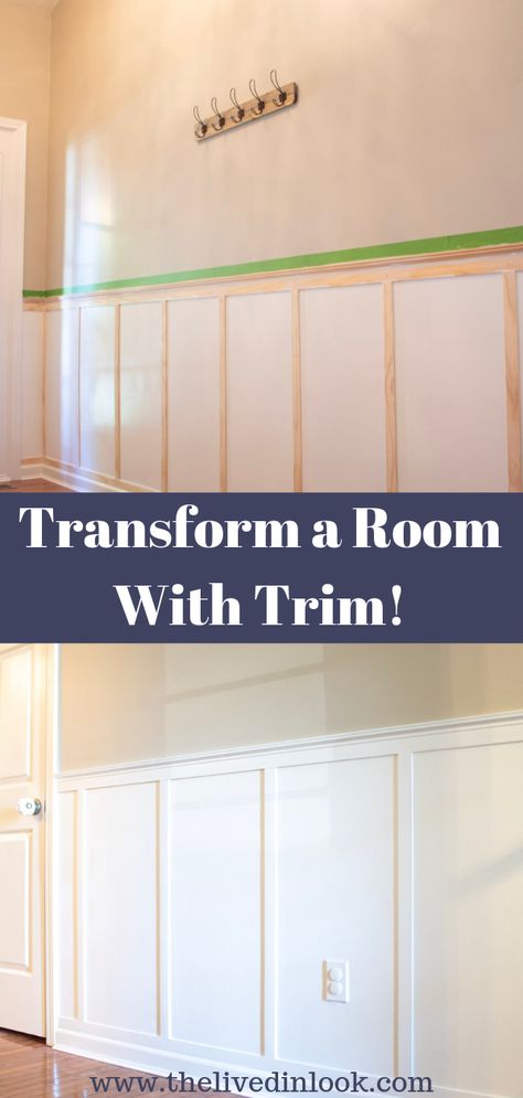 Learn how to transform any room in your home with simple inexpensive trim. Pine lattice is a budget friendly material to add to any wall to instantly give it a custom look. Check out the blog for step by step details on how to update your space with trim and molding. Cheap Wall Molding Ideas, Moulding Patterns On Walls, Trim On Half Wall, Cheap Molding Ideas Budget, Dining Room Molding Ideas Trim, Diy Bathroom Wall Molding, Kitchen Wall Trim, How To Do Trim Work, Add Trim To Walls Moldings