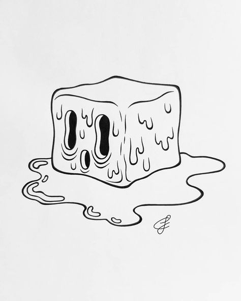 Melting Ice Cube Tattoo, Melting Ice Cube Drawing, Ice Cube Tattoo Design, Melting Art Drawing, Ice Cubes Illustration, Melt Drawing, Ice Doodle, Melting Character, Ice Cube Illustration