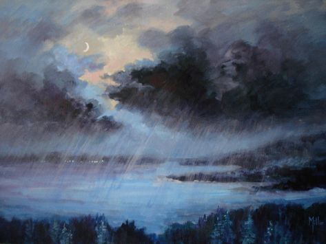 A Band In Solipsism - Rainy Sky Painting Rainy Night Painting, Rainy Sky, Artist Problems, Storm Art, Rain Painting, Rain Art, Lake Painting, Cloud Drawing, Rainy Night