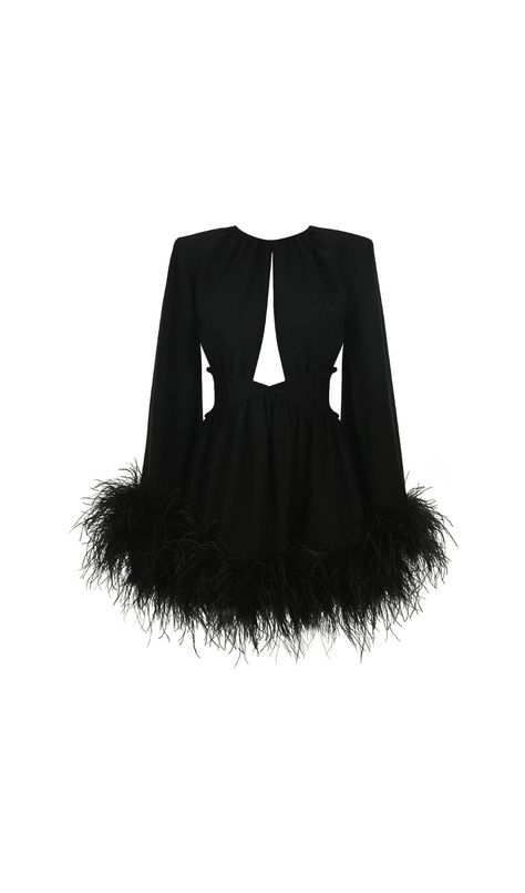 This stunning dress features a unique feather trim that adds a touch of whimsy and playfulness to your look. Made with high-quality materials, it's sure to be comfortable and long-lasting. Perfect for any special occasion, this dress will have you feeling confident and stylish. Round neck Wide, long sleeves Fit-and-flare silhouette Concealed back zipper closure Lined Keyhole cutout at front Tonal, crisscross piping at waist Feather trim at cuffs and hem 100% Polyester; trim: 100% real ostrich feathers, origin: Spain Dry clean Colour may vary due to lighting on images. The product images (without model) are closest to the true colour of the product. Item runs true to size chart and is cut to suit our size chart. Please refer to our size chart for the best fit. Do not size up or down. Ostrich Feather Outfit, Nye Outfits Parties, Feather Trim Dress, Feather Outfit, Nye Outfits, Feather Trim, Feeling Confident, Trim Dress, Clothing Stores