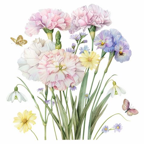 Dreamy Watercolor Illustration of Snowdrop and Carnation Bouquet Carnation And Snowdrop, Snowdrop Wallpaper, January Wallpaper, Carnation Bouquet, Dreamy Watercolor, Yellow Butterflies, Inspirational Digital Art, Sea Flowers, Pink Carnations