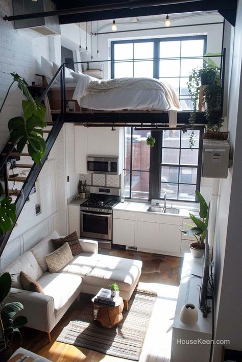 New York Studio Apartment, Tiny Loft, Flat Interior Design, Tiny House Loft, Christmas Apartment, Tiny Apartments, Small Apartment Design, Minimalist Apartment, Sleeping Loft