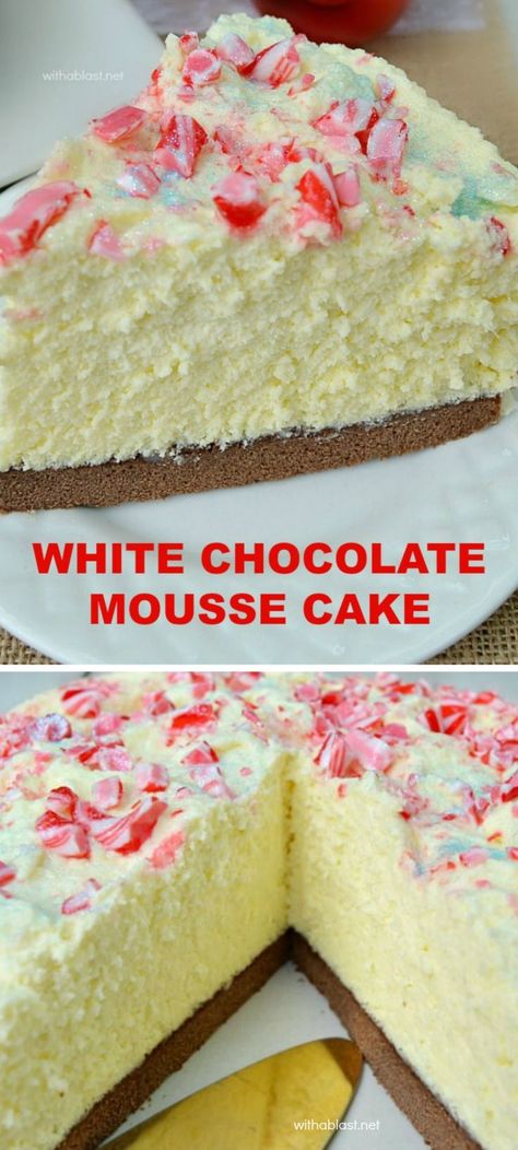 The BEST White Chocolate Mousse Cake EVER ! With a chewy Cake base, creamy Mousse and a taste which will blow you away ~ this is also a make-ahead recipe and yields 12 - 16 slices (use any topping to suit the occasion) #Mousse #MousseCake #WhiteChocolate #WhiteChocolateMousse #Christmas #Thanksgiving #Dessert Chewy Cake, White Chocolate Mousse Cake, White Chocolate Desserts, Mousse Au Chocolat Torte, Best White Chocolate, Cake Base, White Chocolate Mousse, Chocolate Mousse Cake, Holiday Cakes