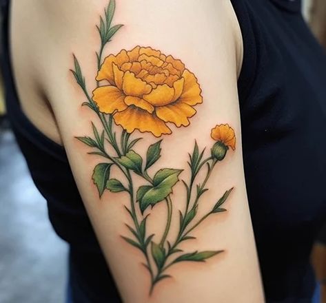 October Birth Flower Tattoo Meaning and Ideas | Balcony Garden Web Marigold Flower Tattoo, October Flower, Marigold Tattoo, Cosmos Tattoo, Kids Tattoo, October Birth Flowers, Flower Tattoo Meanings, Cactus Tattoo, Rose Tattoos For Men