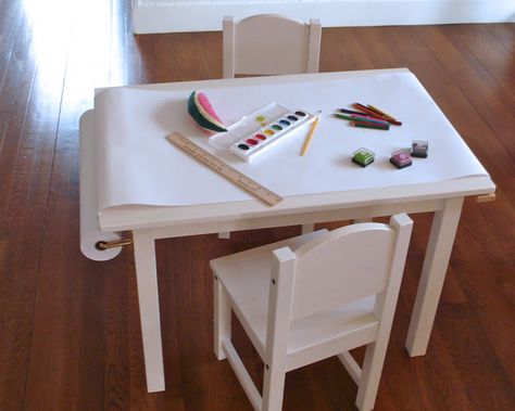 DIY Kiddo Art Table by seaurchinstudio: Made with an Ikea Gulliver table, Beka paper roll and gooseneck brackets! #DIY #Kids #Art_Table Sundvik Table, Paint Kids Table, Kids Art Table, Good Art, Kid Desk, Children's Art, Sea Urchin, Kid Table, Painted Table