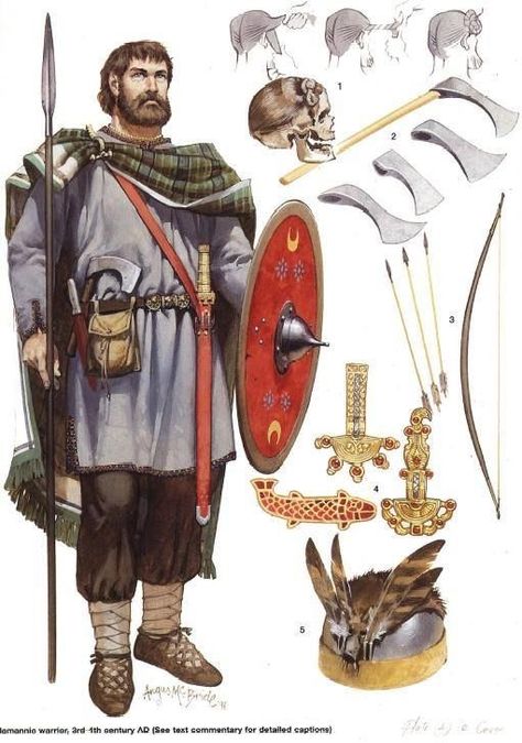 The attire and accoutrements of an Iron Age warrior from continental Germania 3rd - 1st c. AD Iron was 'scarce' in Germania according to Tacitus, and thus the peasant levy fought with cudgels, rocks, spears, and axes. The warrior depicted has a sword and thus would be equivalent to the knightly class that evolved later. By the time of the Frankish kingdoms (5th c. on), the Germanic regions possibly had the greatest iron/steel output in the world at that time. Angus Mcbride, Warriors Illustration, Historical Warriors, Germanic Tribes, Ancient Celts, Empire Romain, Ancient Warfare, Historical Armor, Medieval Armor