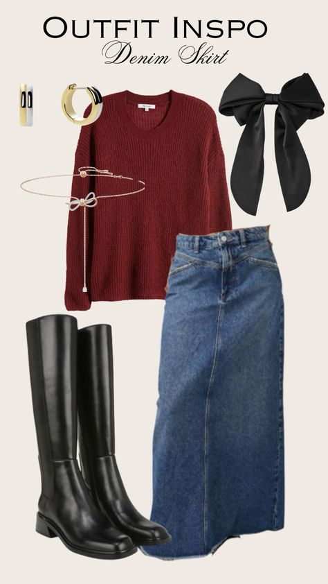 Jean Skirt Blazer Outfit, Jean Skirt And Sweater Outfit Fall, Dark Wash Denim Skirt Outfit, Skirt On Jeans, Fall Outfit Inspo Skirt, Jean Skirt Styling, Jeans Skirts Outfits, Outfit With Long Denim Skirt, Maxi Jean Skirt Outfits Winter