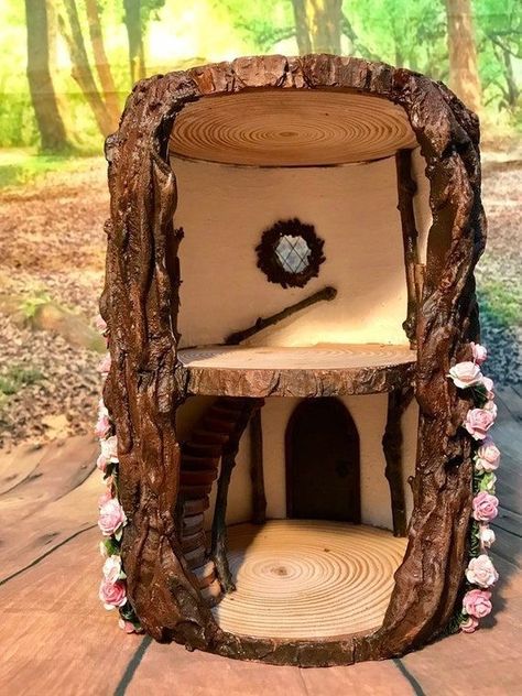 Tiny Tree House, Rustic Dollhouse, Tree Stump House, Stump House, Treehouse Ideas, Tiny Tree, Fairies Garden, Fairy Tree Houses, Fairy Garden Furniture