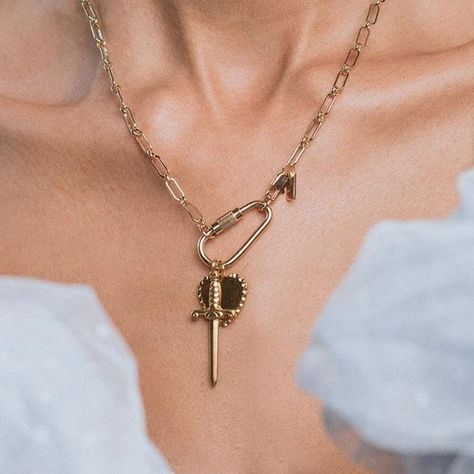 Pendant Necklaces – REGALROSE Carabiner Necklace, Greek Costume, Dagger Necklace, Charm Necklace Silver, Gold Charm Necklace, Pierced Jewelry, Brass Chain, Scalloped Edge, Chain Lengths