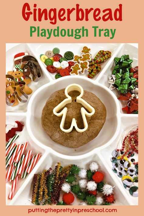 This gingerbread playdough tray is filled with festive loose parts. The spicy playdough recipe is easy to make and little hands can help. Gingerbread Activities Preschool, Playdough Table, Play Dough Christmas, Gingerbread Playdough, Gingerbread Play Dough, Cooked Playdough, Gingerbread Unit, Christmas Activities For Toddlers, Gingerbread Man Activities