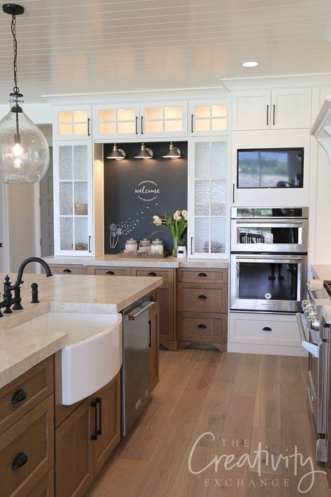 Pale Blue Kitchen Walls Wood Cabinets, Different Height Kitchen Cabinets, Contrasting Kitchen Island Countertop, Great Kitchens, Kitchen Buffet Ideas, Model Dapur, Kabinet Dapur, Diy Kitchen Renovation, Diy Kitchen Remodel