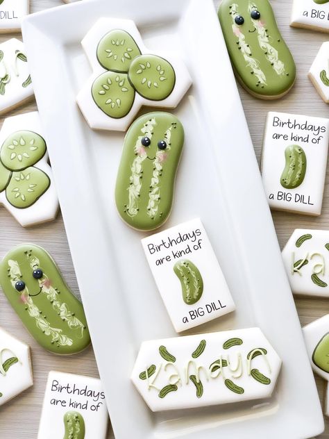 Cake Shaped Cookies Decorated, Dill Pickle Birthday Party, Pickle Cookies, F1 Party, Pickle Party, Nurse Cookies, Cooking Decorating, Horse Cookies, Royal Iced Cookies