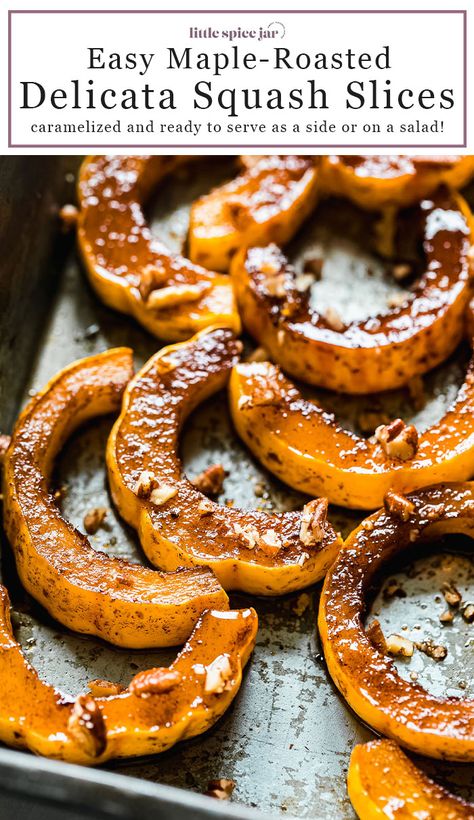 Maple Roasted Delicata Squash! Perfect to serve as a side for Thanksgiving or as an added veggie to any bowl or salad! Maple Delicata Squash, Delicata Squash Recipe Main Dishes, Delicata Squash Roasted, Delicate Squash, Fall Side Dishes, Delicata Squash Recipe, Roasted Delicata Squash, Meatless Mains, Maple Recipes