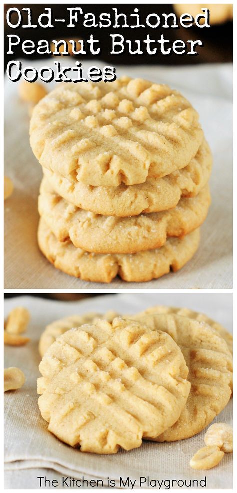 Grandma's Old-Fashioned Peanut Butter Cookies ~ Soft, tender, rolled in sugar, fork-pattern adorned & loaded with fabulous peanut butter flavor! These peanut butter cookies like Grandma used to make are the stuff childhood cookie memories are made of. #peanutbuttercookies #cookies www.thekitchenismyplayground.com Old Fashion Cookies, Peanut Butter Cookies Soft, Old Fashioned Peanut Butter Cookies, Peanut Butter Cookie Recipe Soft, Butter Cookies Easy, Soft Peanut Butter Cookies, Best Peanut Butter Cookies, Chewy Peanut Butter Cookies, Cookies Soft