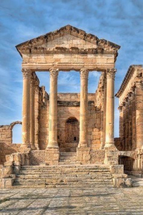 Famous ruins of Sbeitla, Tunisia Architecture Antique, Temple Ruins, Greek Temple, Ancient Greek Architecture, Roman Architecture, Ancient Buildings, Ancient Temples, Architecture Old, Ancient Architecture