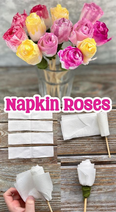 Paper Napkin Flowers Folding, How To Make Napkin Flowers, Paper Towel Flowers Diy, Paper Napkin Crafts, Paper Napkin Flowers, Napkin Roses, Make Paper Roses, Napkin Flowers, Spring Wreaths For Front Door Diy