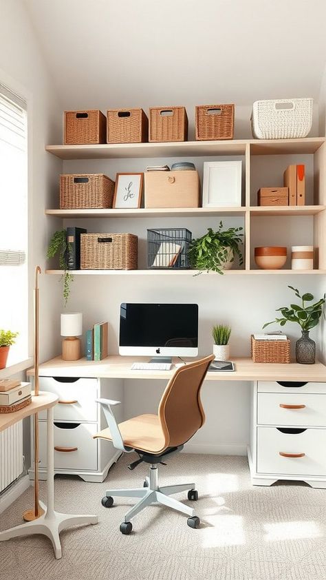 Finding the perfect neutral home office setup can make all the difference in your work-from-home experience. I prefer a white home office with minimalist decor. Here is a list of 22 home office decor ideas! Home Office With Storage Ideas, Virtual Teacher Home Office, Cheap Office Makeover, Office With White Desk, Office Corner Ideas, Principal Office Design, Neutral Office Ideas, Home Office Room Design, Home Office For Two People