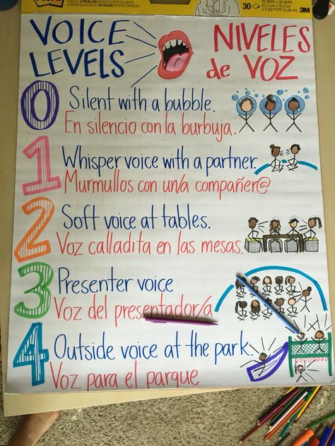 Voice Levels Voice Level Anchor Chart, Anchor Charts 1st Grade, Anchor Charts First Grade, Voice Level Charts, Whole Body Listening, Voice Levels, Reading Task Cards, First Grade Sight Words, Bilingual Classroom